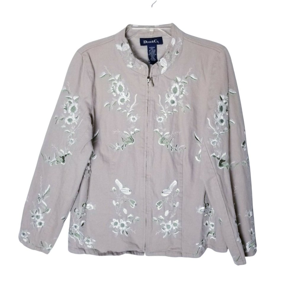Denim & Co Jacket Women Size Medium Floral Embroidered Full Zip
